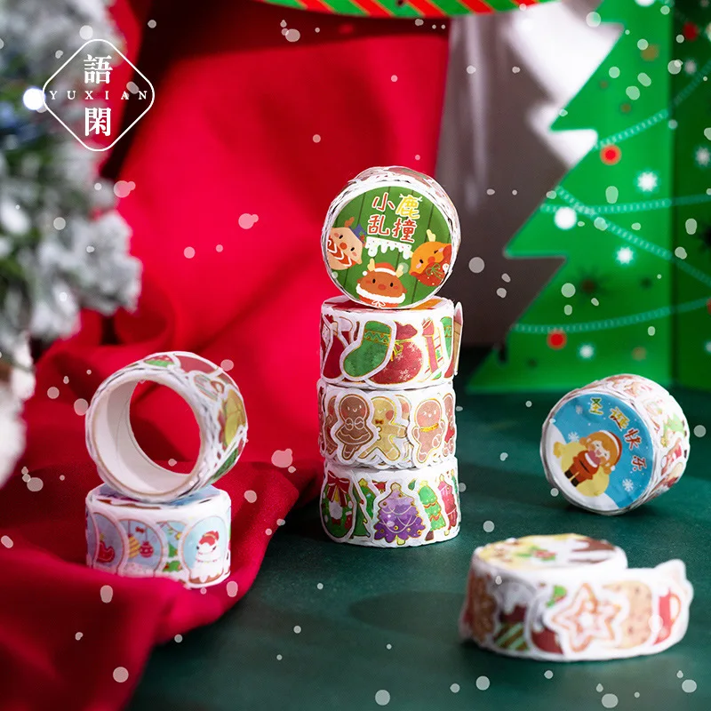 1 Roll Washi Paper Die-cutting Tape Christmas Cartoon Hand Account Material Decoration Stickers 150 Pieces 8 Types