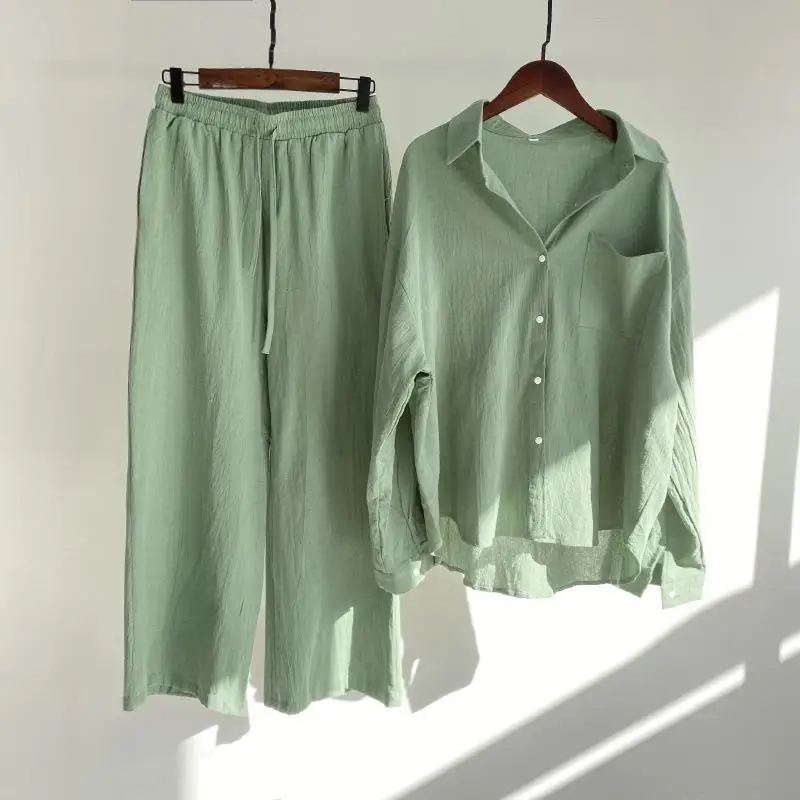 Women's plus Size Cotton Linen irt Set High Waisted Tee Piece Suite Long Sve Pure Color Spring Faion for Adults