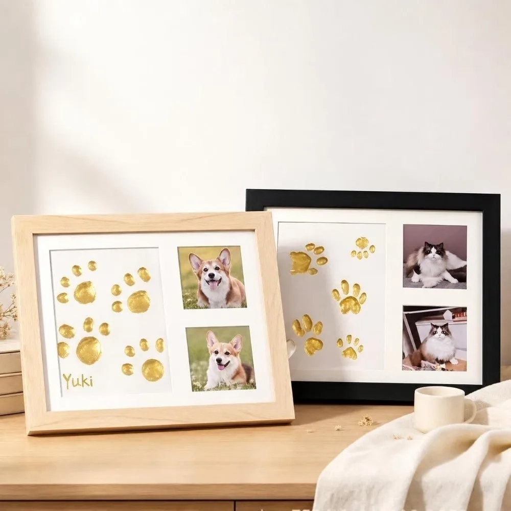 1 Set DIY Pet Paw Print Kit Frame Air Dry Clay Wooden Frame Dog Paw Print Frame Photo Display Desktop Stand Cat Paw Print Frame