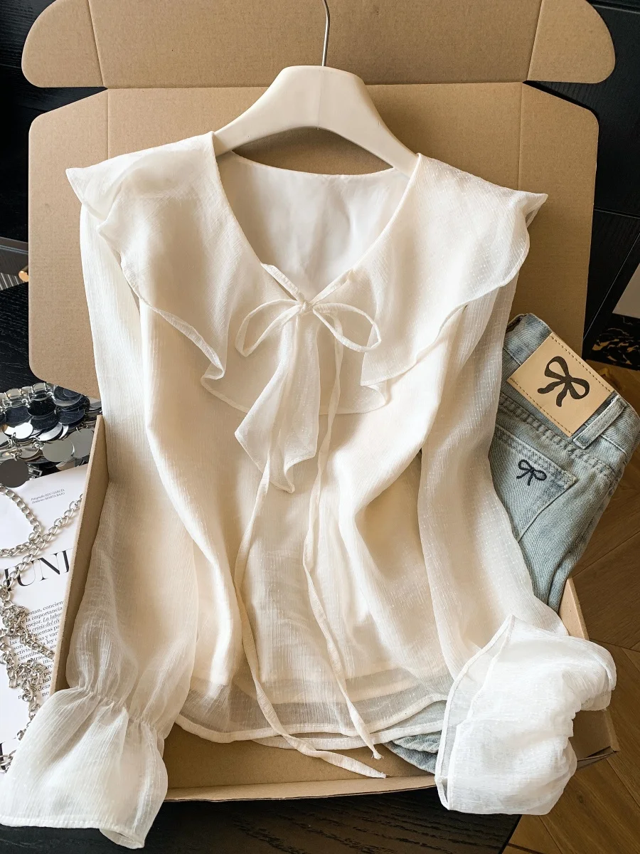 

Ele V-ne Long Sve irt Women's Spring Faion Unique Flounce Hem Chiffon Top Sweet Sle Loose Fit Breathable