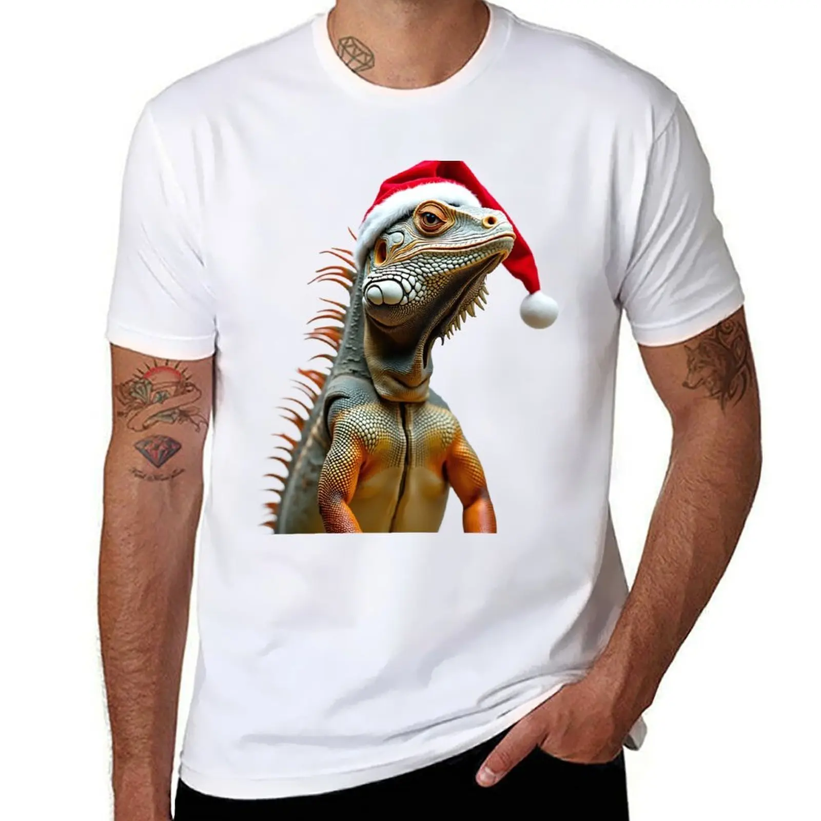 

Funny Iguana Wearing Christmas Hat T-Shirt High Elasticity Sports T-Shirt