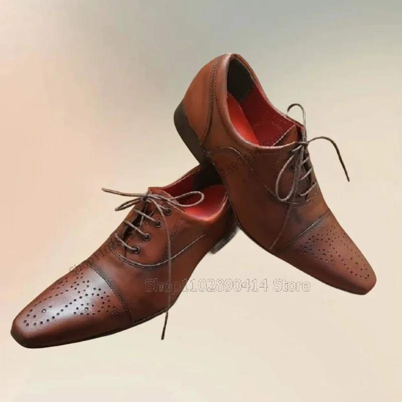 

Brown Sewing Design Breathable Strappy Men Derby Shoes Fashion Lace Up Men Shoes Luxurious Handmade Party Office Men Dress Shoes