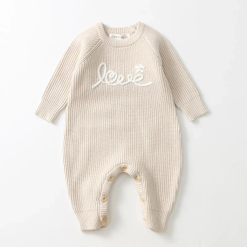 ربيع جديد 2026 ملابس أطفال محبوكة 0-24 متر بدلة لحديثي الولادة بأكمام طويلة مطرزة للأطفال الصغار رومبير محبوك للأولاد والبنات