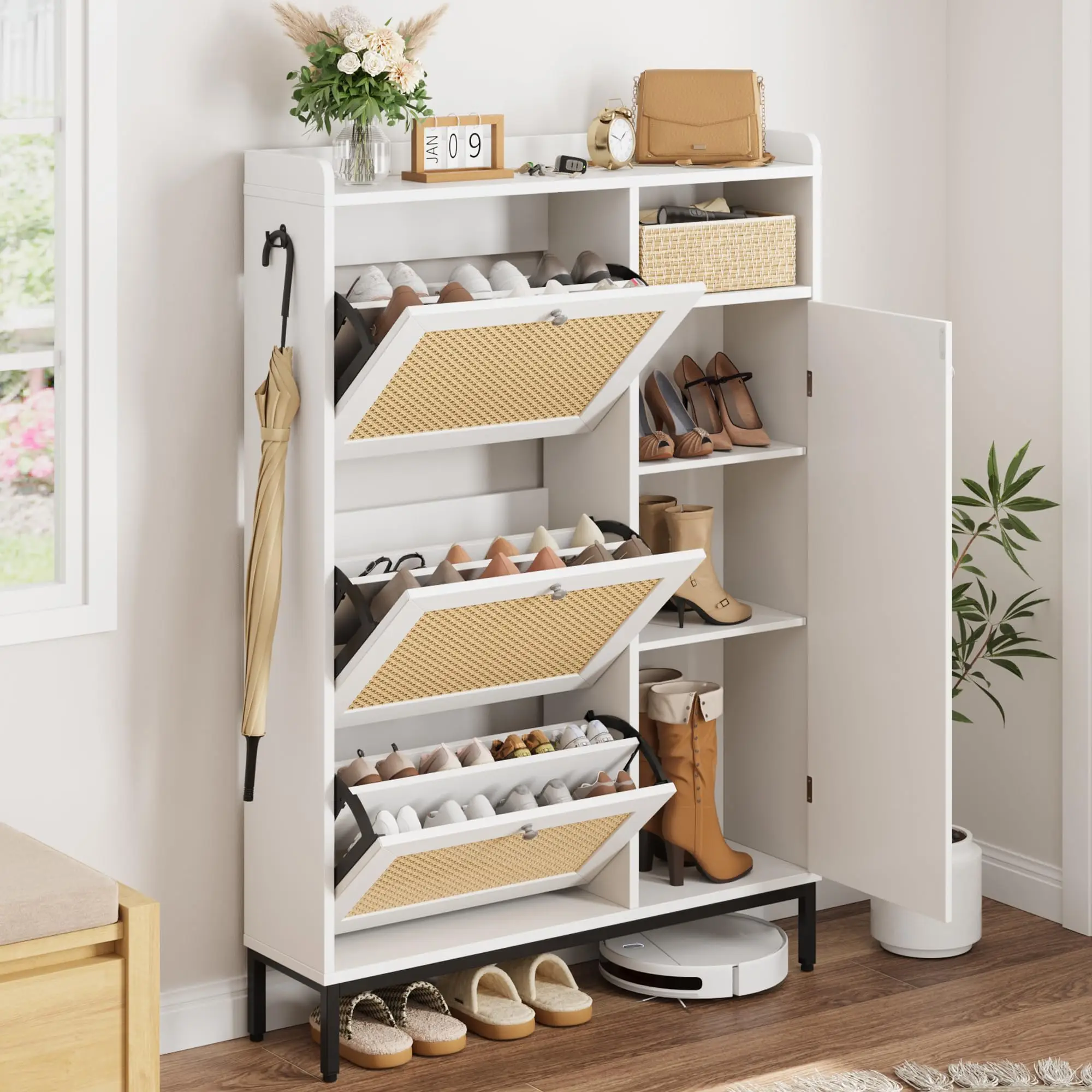 

Rattan Shoe Cabinet With 3 Flip Drawers 4 Tier Shoe Storage Cabinet Adjustable Shelves For Entryway Hallway Closet