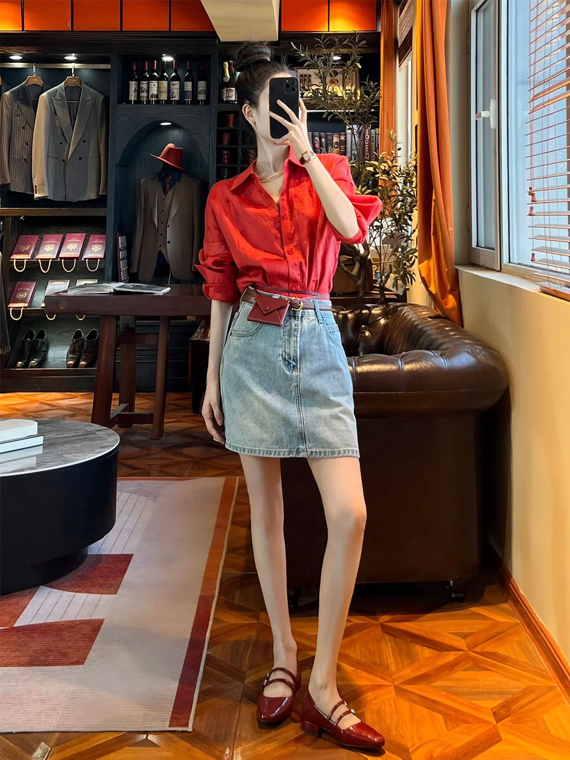 

JIANG Джинсовая юбка в стиле ретро, модная универсальная корейская юбка с высокой талией для похудения, весна-лето, юбка для молодежи