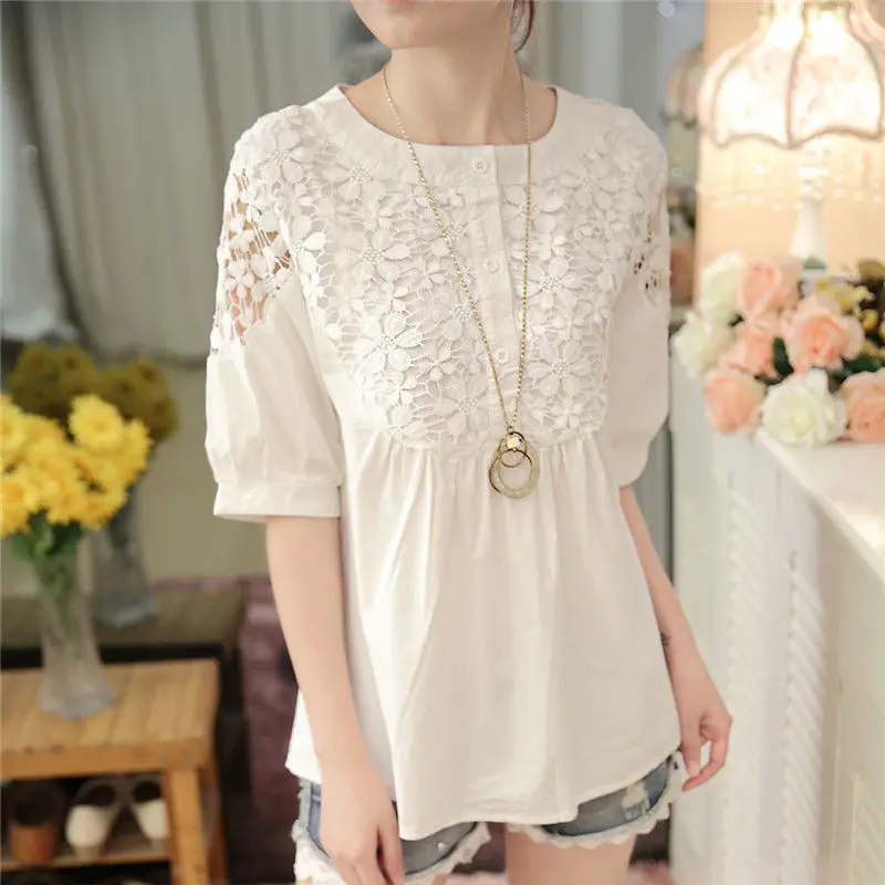 Elegant Fashion Solid Hollow Out Lace Chiffon Shirt Summer 2023 New Streetwear O-Neck Short Sleeve Loose Pullover Women Clothing