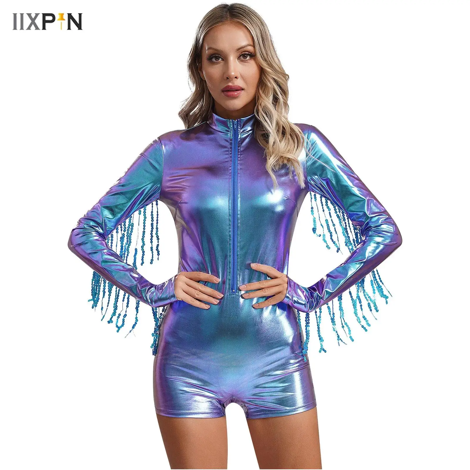 

Womens Shiny Metallic Jumpsuit Jazz Dance Leotard Long Sleeve Sequins Tassels Front Zipper Bodysuit Biketard Leotard Clubwear