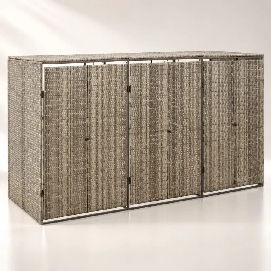 Triple Wheelie Bin Shed for outdoor use, poly rattan material, gray color, weather-resistant and space-saving design