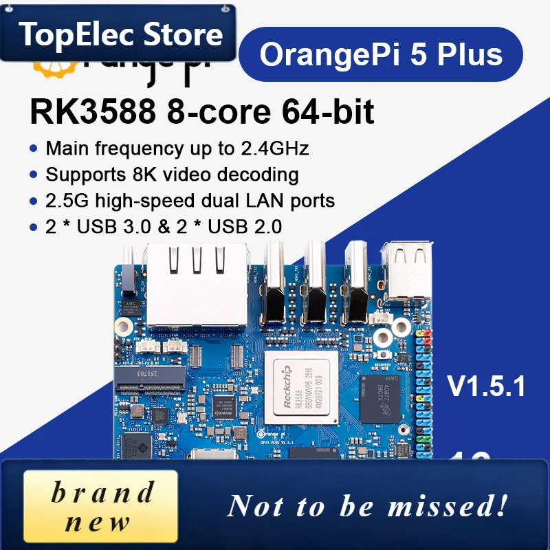 TopElec Orange Pi 5 Plus 16GB RAM LPDDR5 V1.5.1 Verison RK3588 PCIE Module External WiFi-BT SSD 8K Orange Pi5 Plus Development B