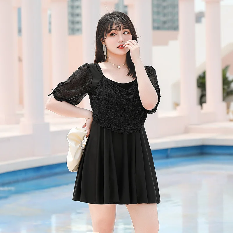 Black Color Swimwear Women Large Size Modest Swimsuit With Skirt One Piece Swimming Suit Beachwear Hot Spring Clothing