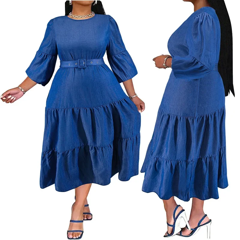 

F218373European and American new plus size women's denim dress pleated skirt with belt micro reflective color changing new style