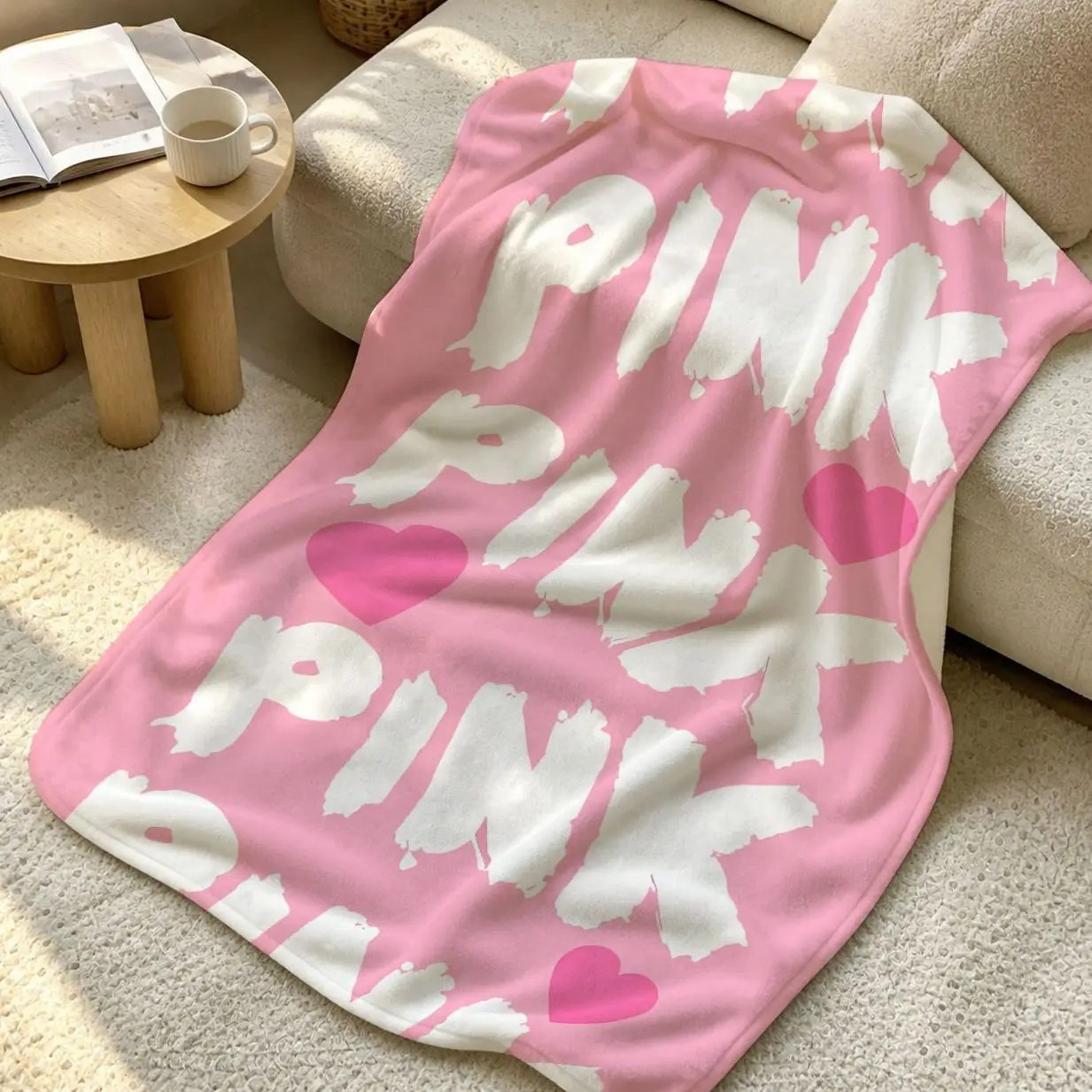 Pink Sweetheart Flannel Throw Blanket, Cute Premium Air Conditioning Blanket, Nap Shawl for Dorm Bedroom & Office