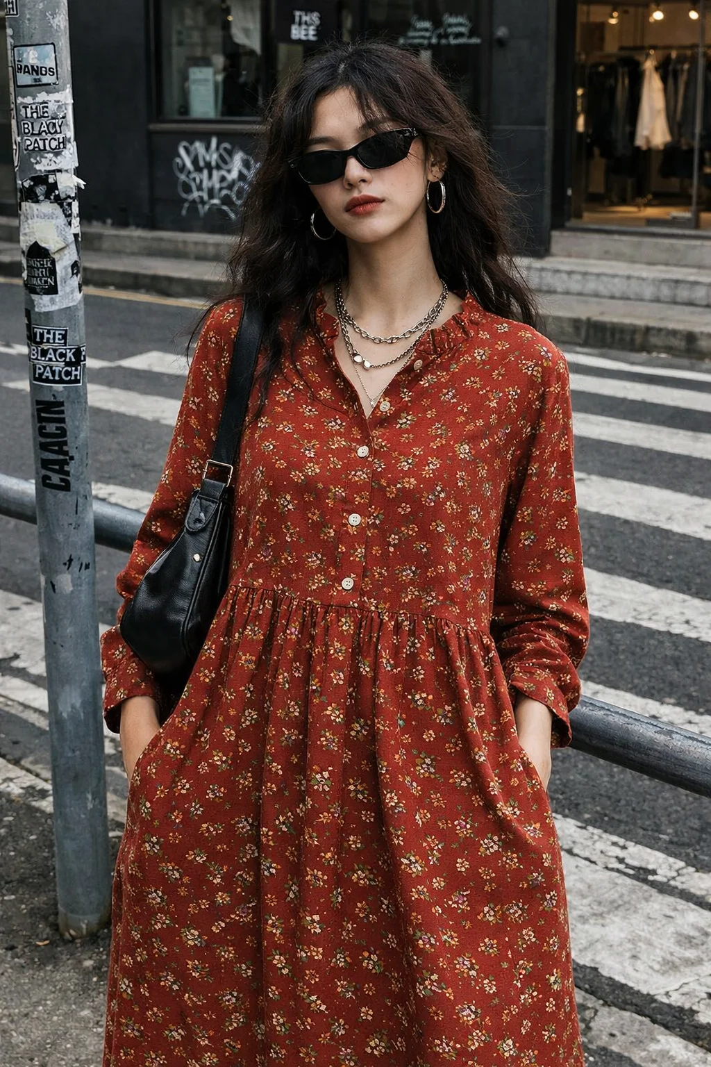Women Dress with Pocket Flower Pattern Vintage Midi Dresses Wide Loose Long Sleeve Plus Size Fall Autumn Spring Winter Woman New