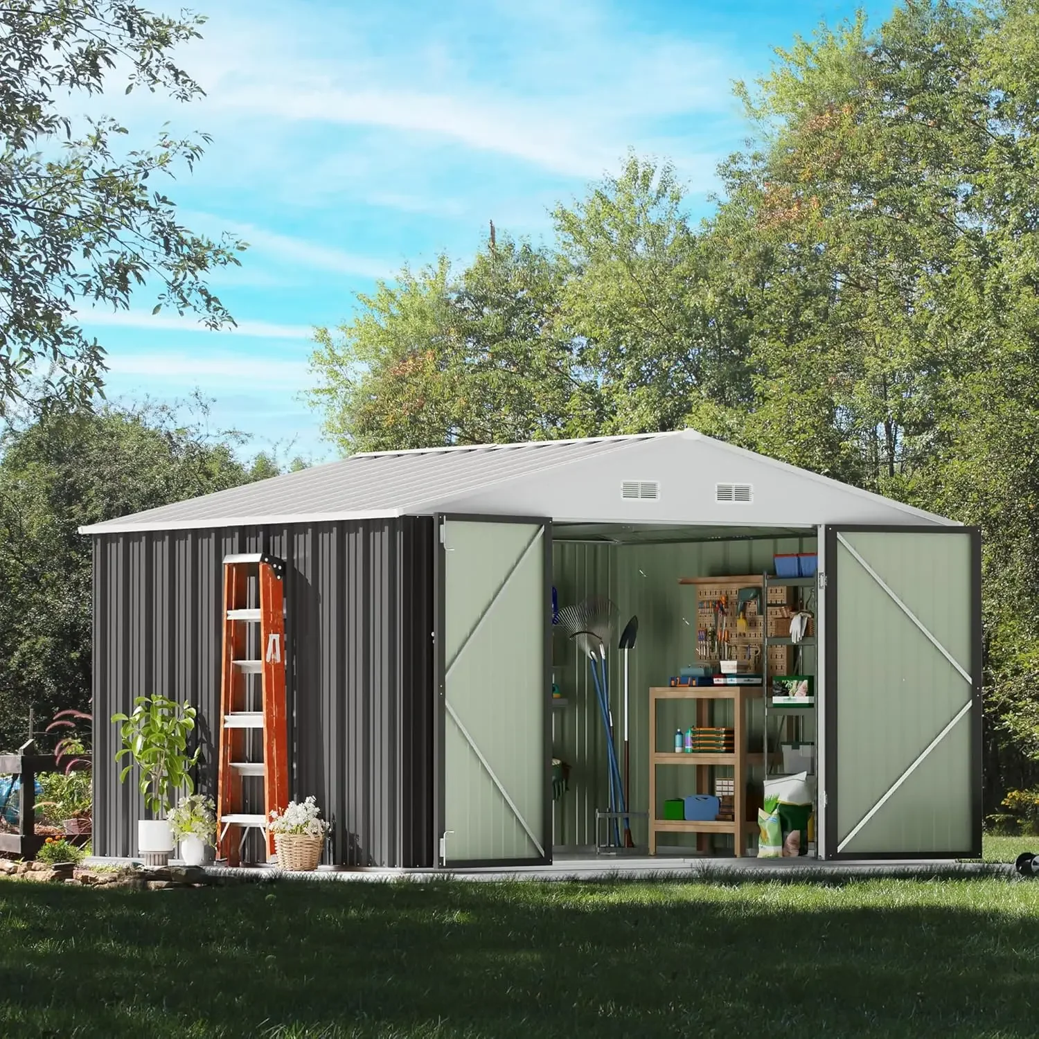 سقيفة تخزين خارجية عالية الجودة مقاس 8 × 10 أقدام، ومظلات حديقة معدنية وتخليص تخزين خارجي، وسقيفة أدوات كبيرة في الهواء الطلق · Hot S