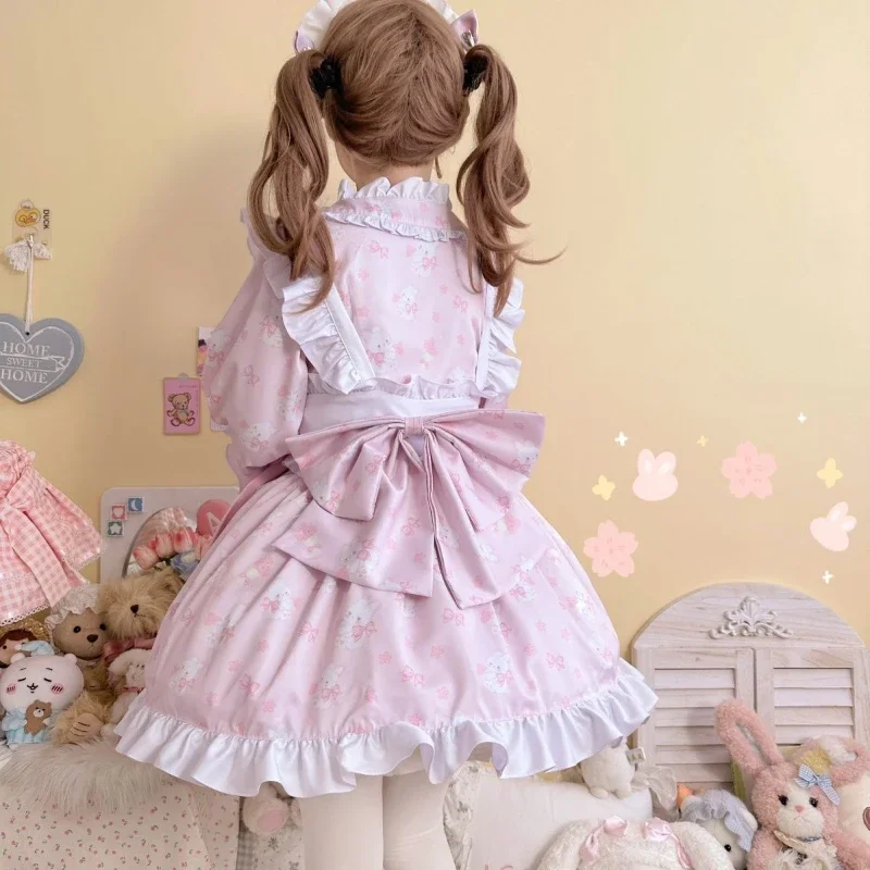 Robe Lolita Japonaise Kawaii avec Nministériels d Imprimé Lapin pour Femme, Mini Robe de Soirée, Harajuku Y2k, Volants avec Tablier, Ensemble Lolita