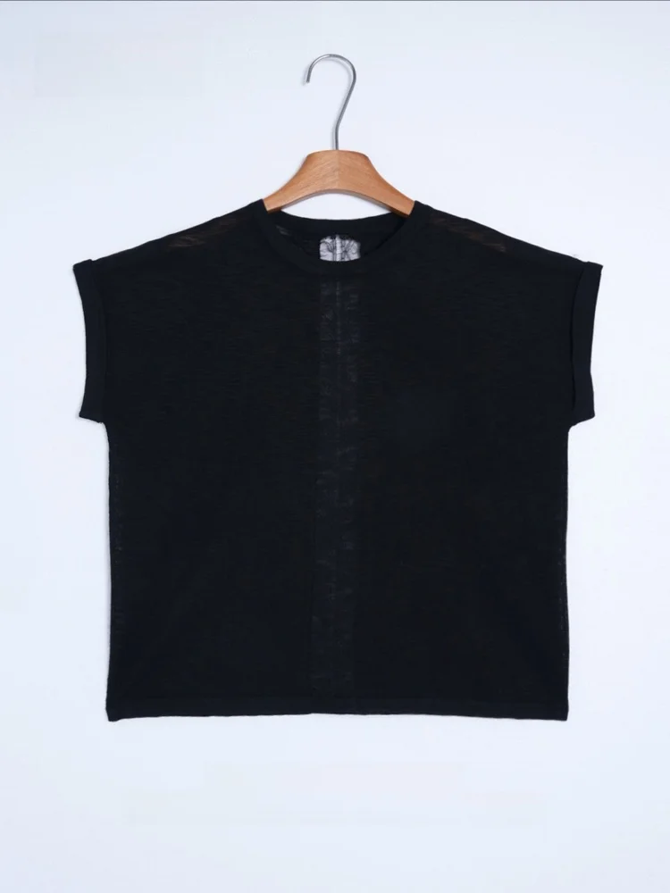 GZQJ Zomer Nieuwe Sle Losse Kant Micro Transparante Gebreide Top vrouwen Faionable ort Sve ronde Ne Trui irt