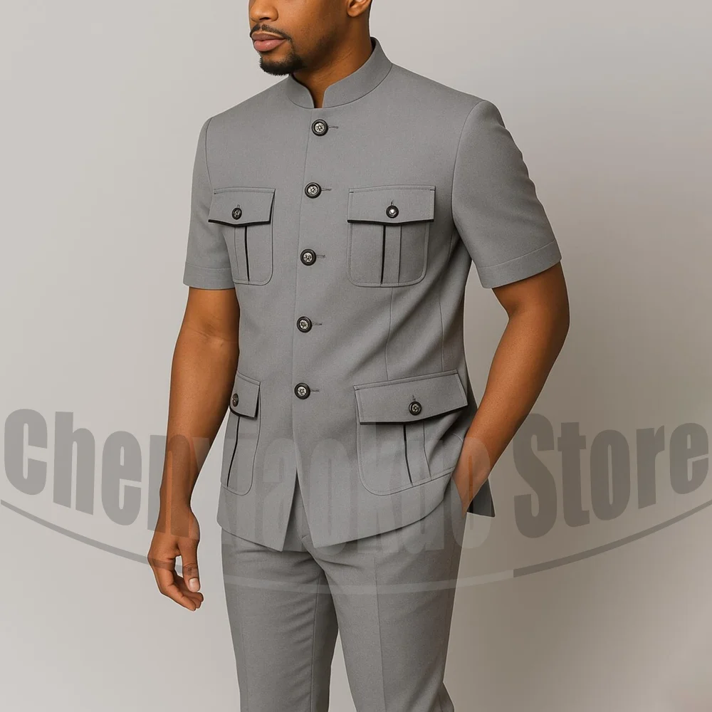 Men's Grey Mandarin Collar Suit Set Short Sleeves Multi-Pocket Jacket and Trousers Fashion Formal Smart Casual Wedding Suits