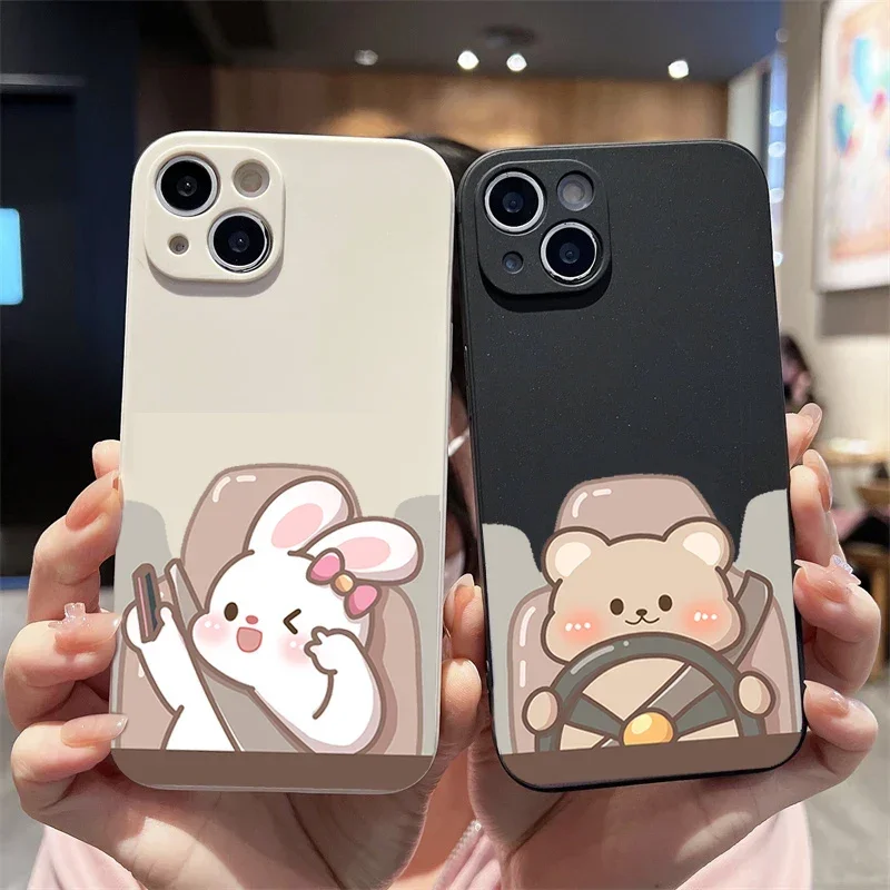 Funny Bunny Bear Lovers Couple Phone Case for IPhone 11 12 15 16 Pro 13 Mini X XS MAX 7 8 14Plus Soft Paired Cover for IPhone 11