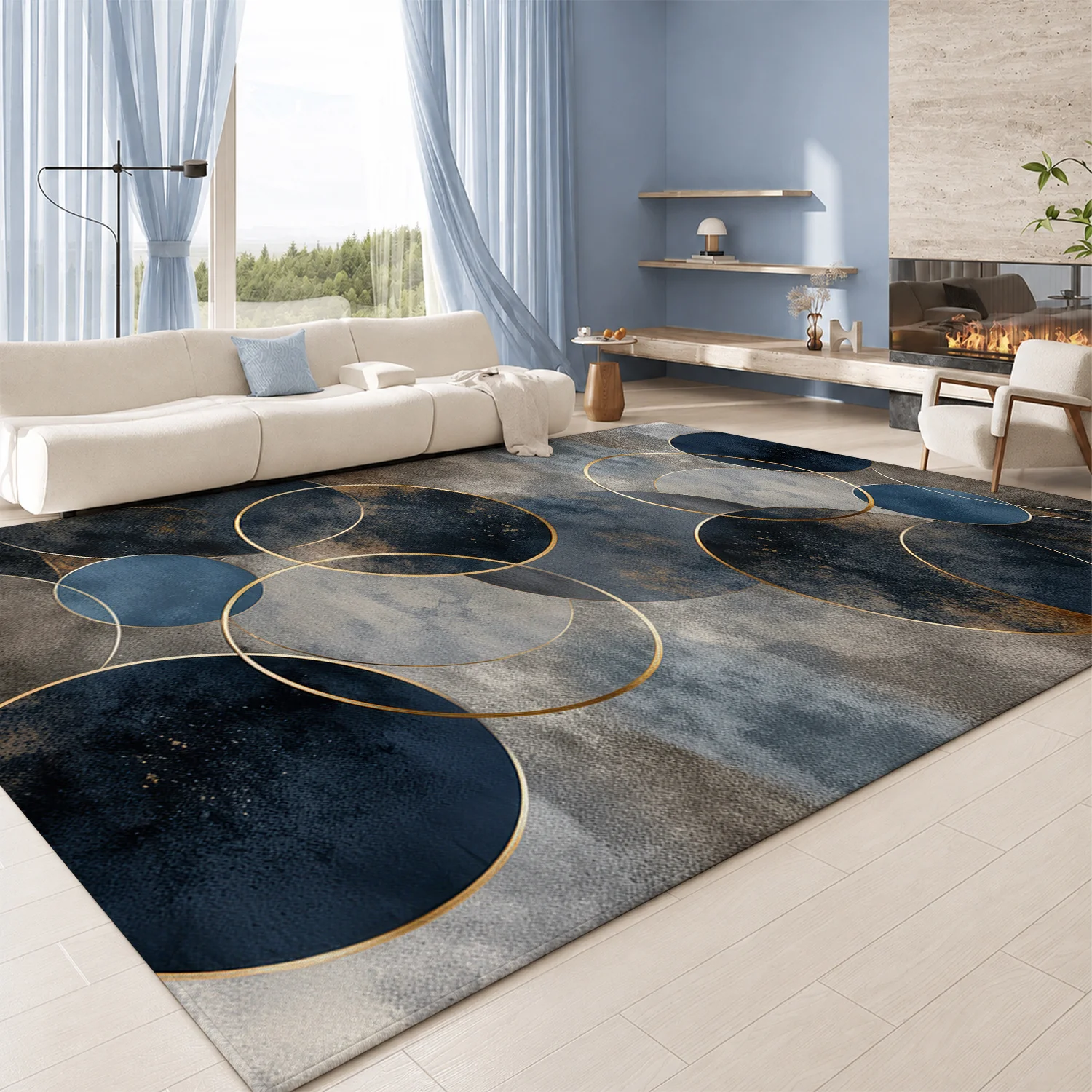 Large Indoor Area Rug, Soft Velvet Low Pile Rug with Non-Slip Dotted Backing, Machine Washable Modern Abstract Navy Gold Circle Pattern for Living Room, Bedroom, Entryway