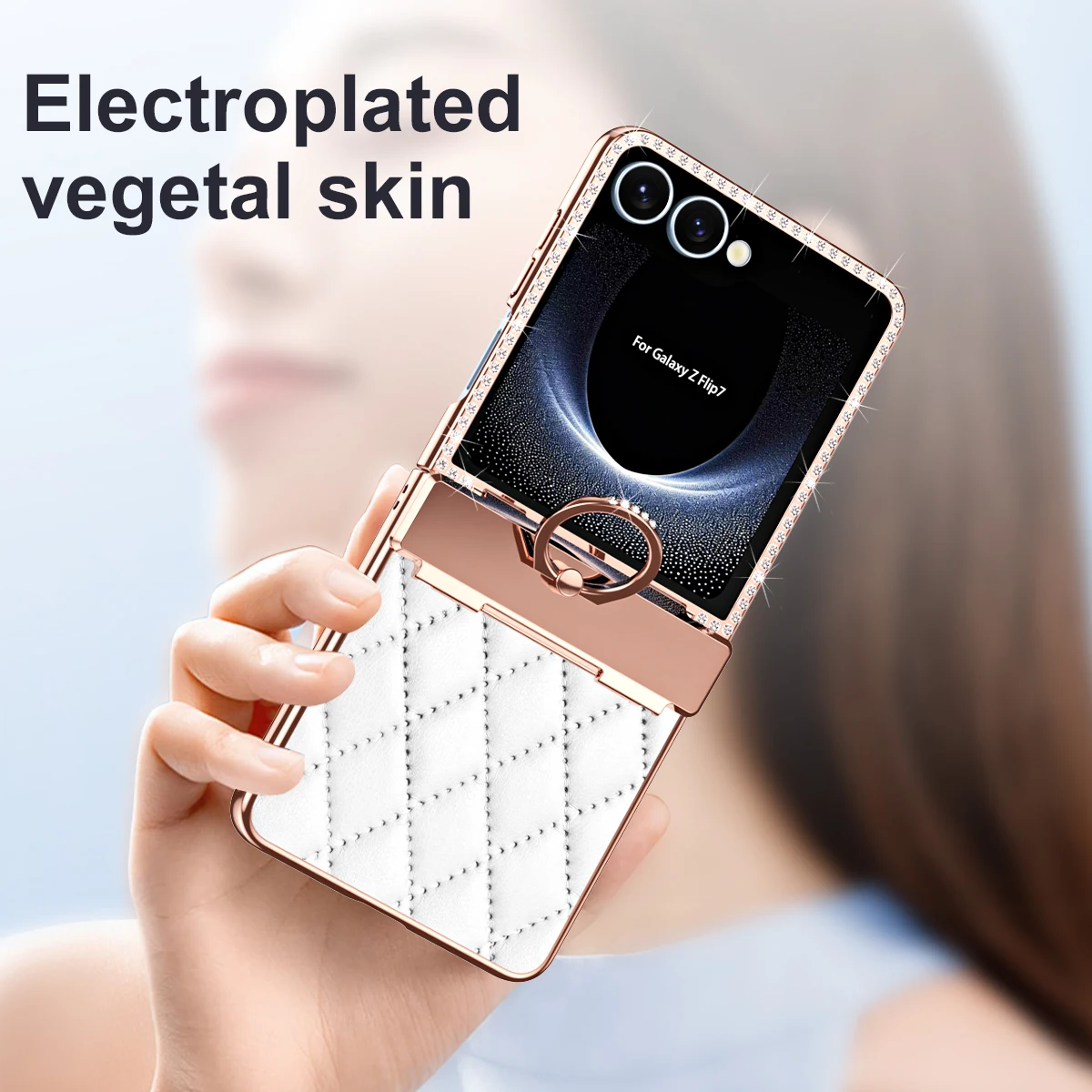 Etui na Samsung Galaxy Z Flip 7, galwanizowane, skóra teksturowana, brokatowe diamenty, z kółkiem do zawieszania, odporne na odciski palców. — zdjęcie produktu 6