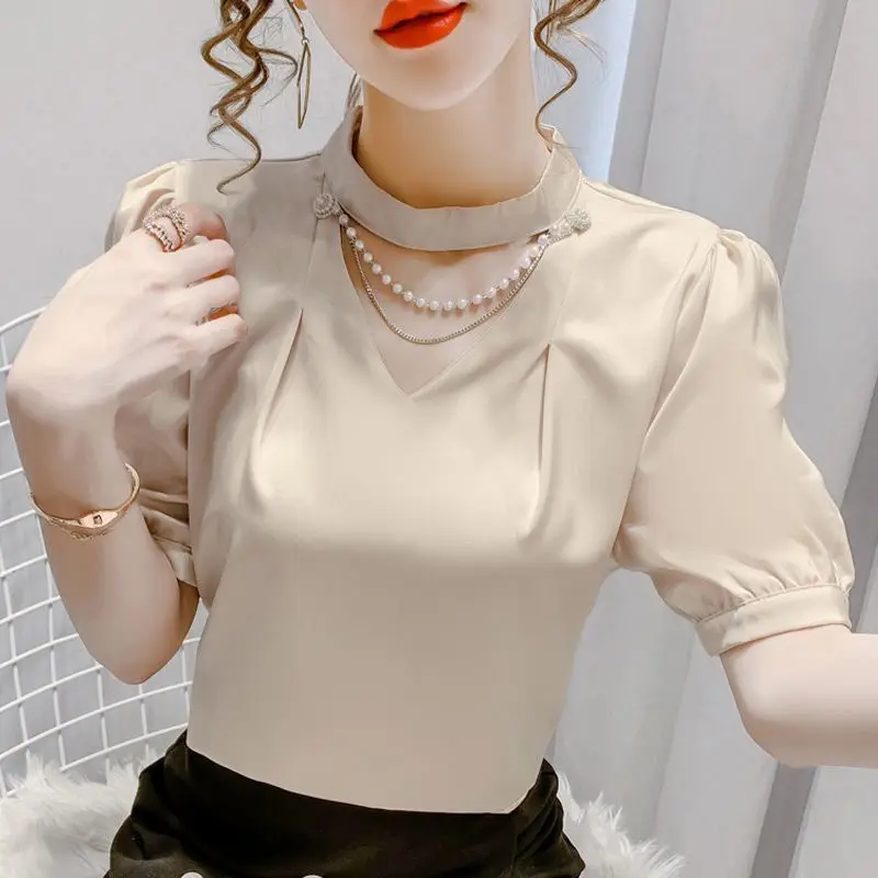 Fashion Spliced Beading Hollow Out Puff Sleeve T-Shirt Women\'s Clothing 2023 Summer New Oversized Casual Tops Sweet Tee Shirt