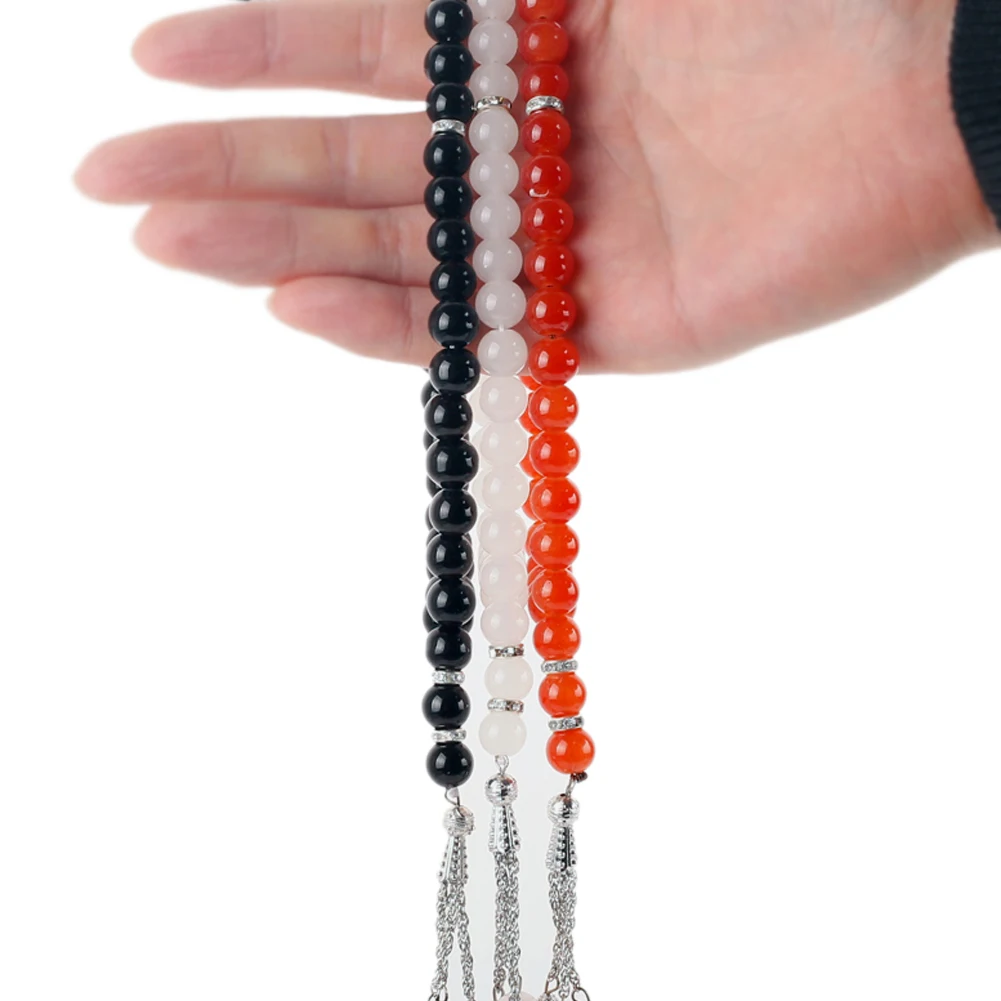 Elegant Beaded Bracelet with Tassel Decoration 33 Red White Black Beads Chain Muslim Rosary Jewelry for Women Stylish Accessory