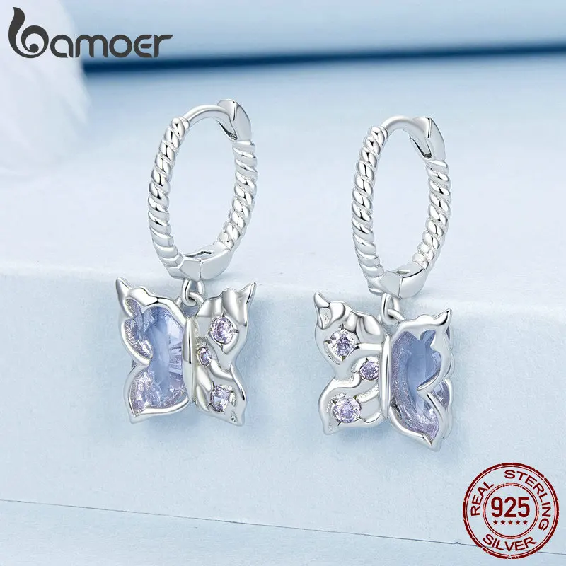 Bamoer Genuine 925 Sterling Silver Original Butterfly Hoop Earrings For Women Zircon Ear Fine S925 Jewelry Birthday Party Gift