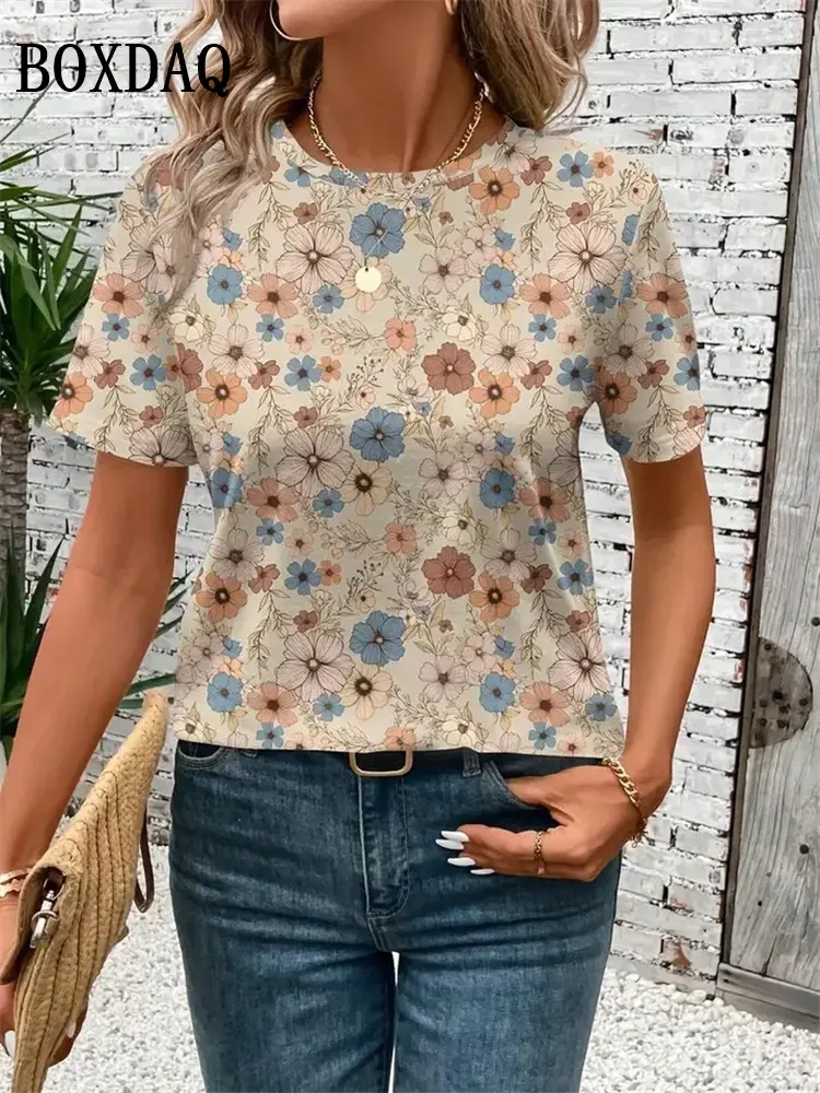 

Женская футболка, повседневный топ с круглым вырезом и короткими рукавами, летняя уличная модная женская одежда больших размеров, футболки с цветочным принтом