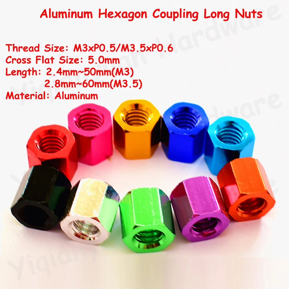 Yiqianyuan Colorful Hex Aluminum Alloy M3 M3.5 Coupling Nuts Joint Sleeve Hand Tighten Standoff Spacer for DIY Computer Parts