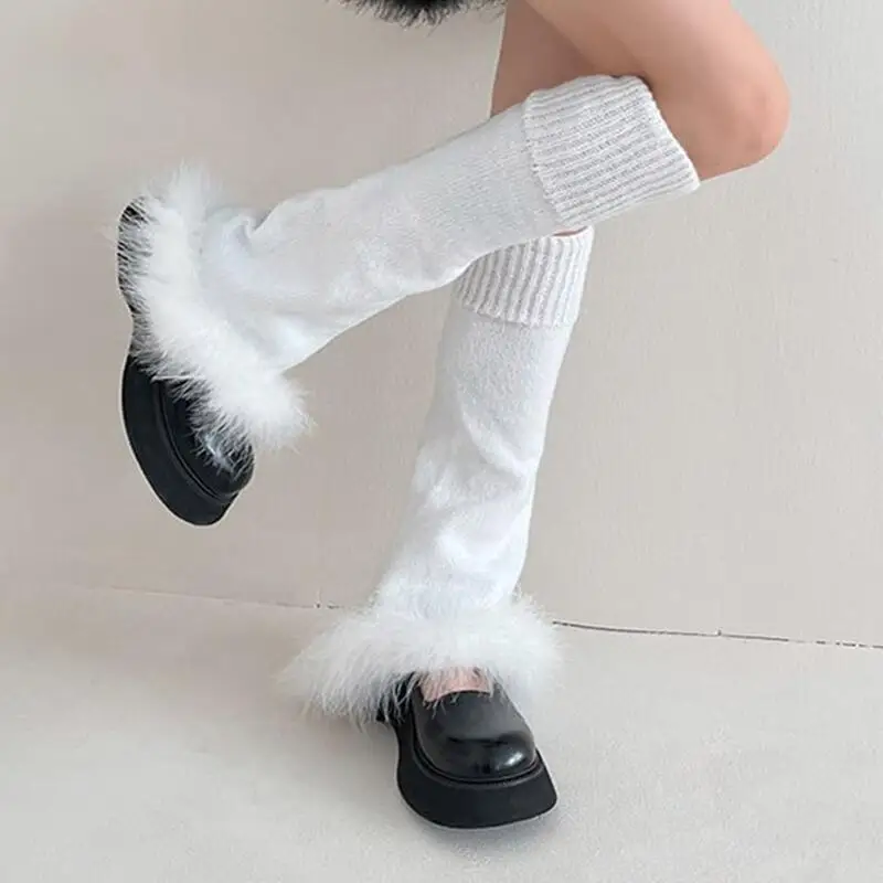 Harajuku Goth Schwarz Gestrickte Beinwärmer Y2k Zubehör Flauschige Beinsocken JK Lolita Mode Weiße Trompete Knöchelwärmer Manschetten Beine