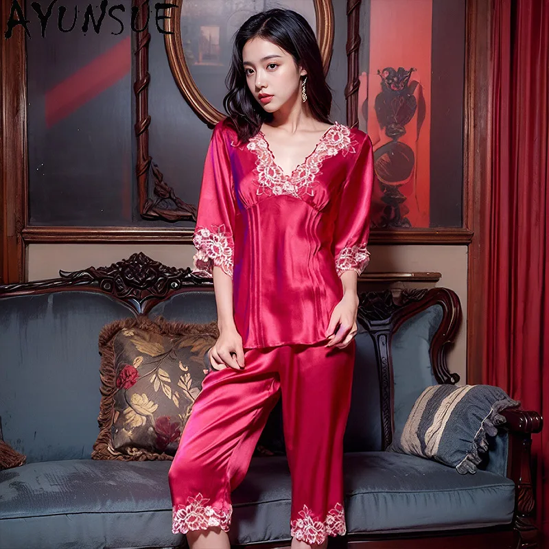 

AYUNSUE 19 мм, 100% натуральный шелк тутового шелкопряда, женская пижама, летняя домашняя одежда 2026, комплект из топа и брюк, женский домашний костюм