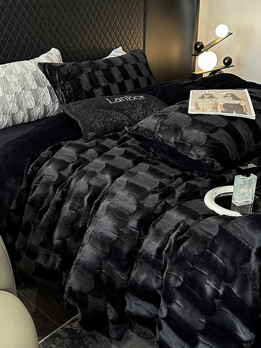 Luxury Brand New Black Plush Shaggy Duvet Cover Set Winter Warm Fur   Fluffy Velvet Noble Bedding Set Bed sheet  Soft Velvet 4pc