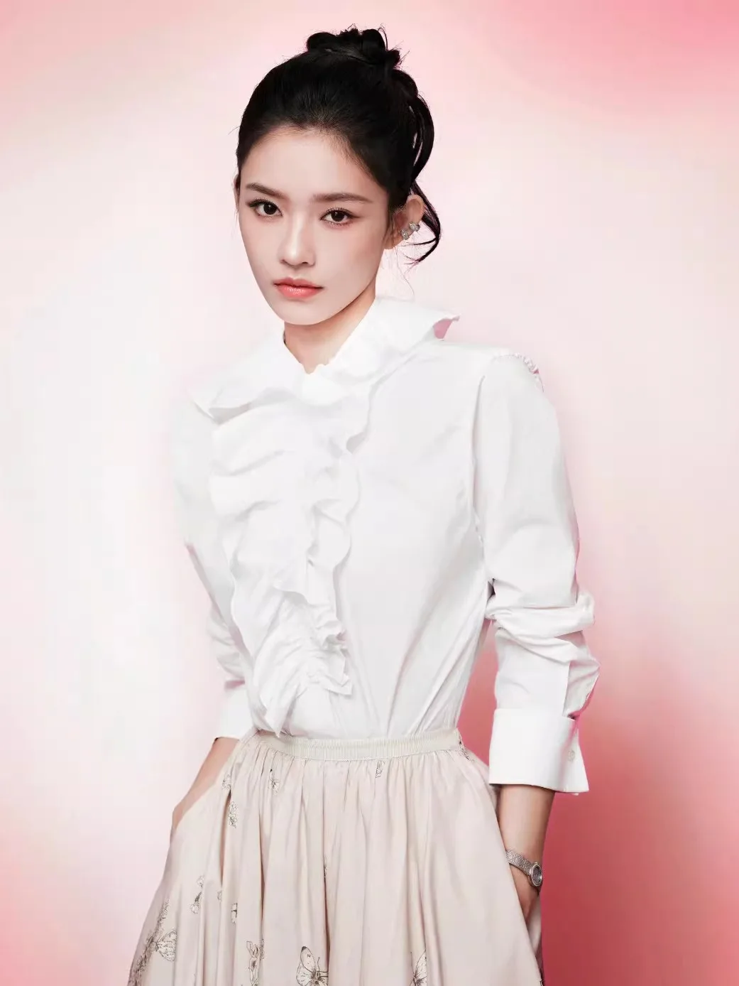 

Ele White Bee Embroidery Lace Trim Stand Collar Long Sve irt Women's Faion Cotton Blend Breathable Moisture ng