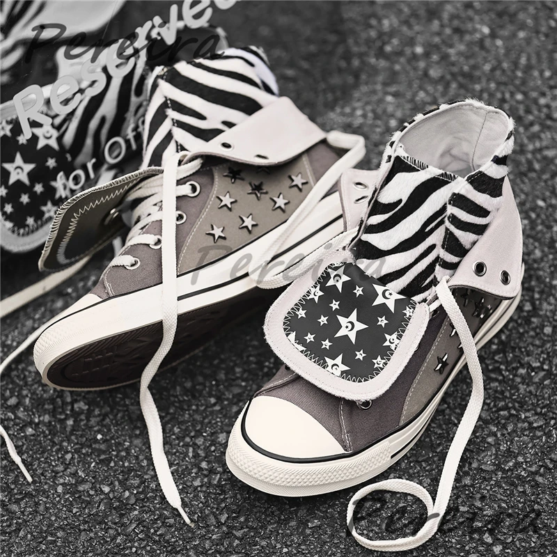 Leopard Print Mixed Colors Canvas Shoes Summer New Trendy Patchwork Lace-Up Casual Sneakers Street Style Men's High Top Shoes