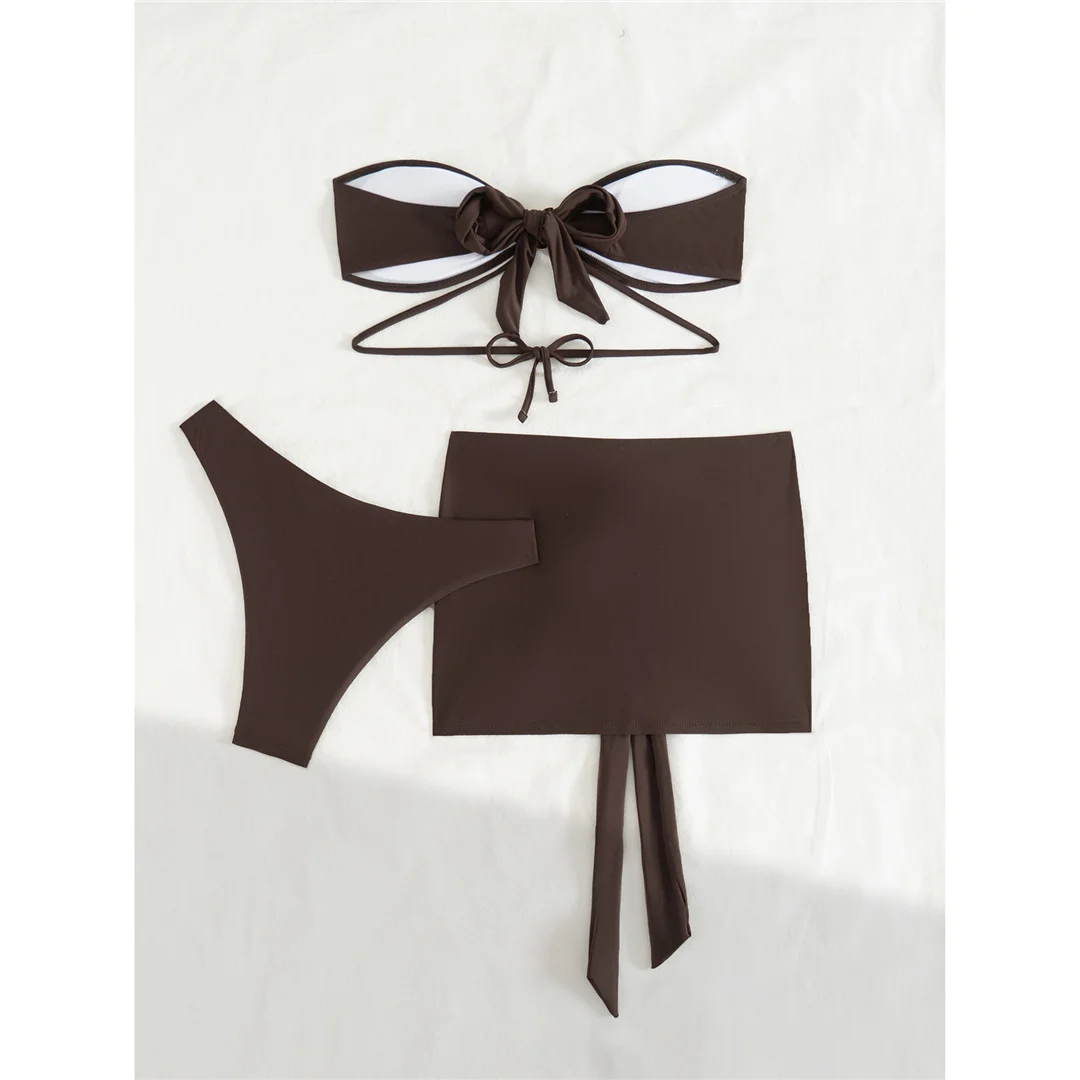 Neuer Bandeau-Bikini mit Rock, Damen-Badeanzug, dreiteiliges Bikini-Set, Badeanzug mit hohem Beinausschnitt, Badebekleidung, Modell V6264. – Detail 12