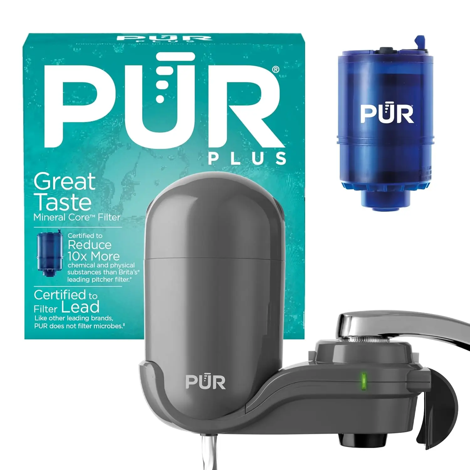 

Plus Vertical Faucet Mount Water Filter, Lead-Reducing, Easy Install, 100 Gal, Compatible with External Aerator Sinks, Grey