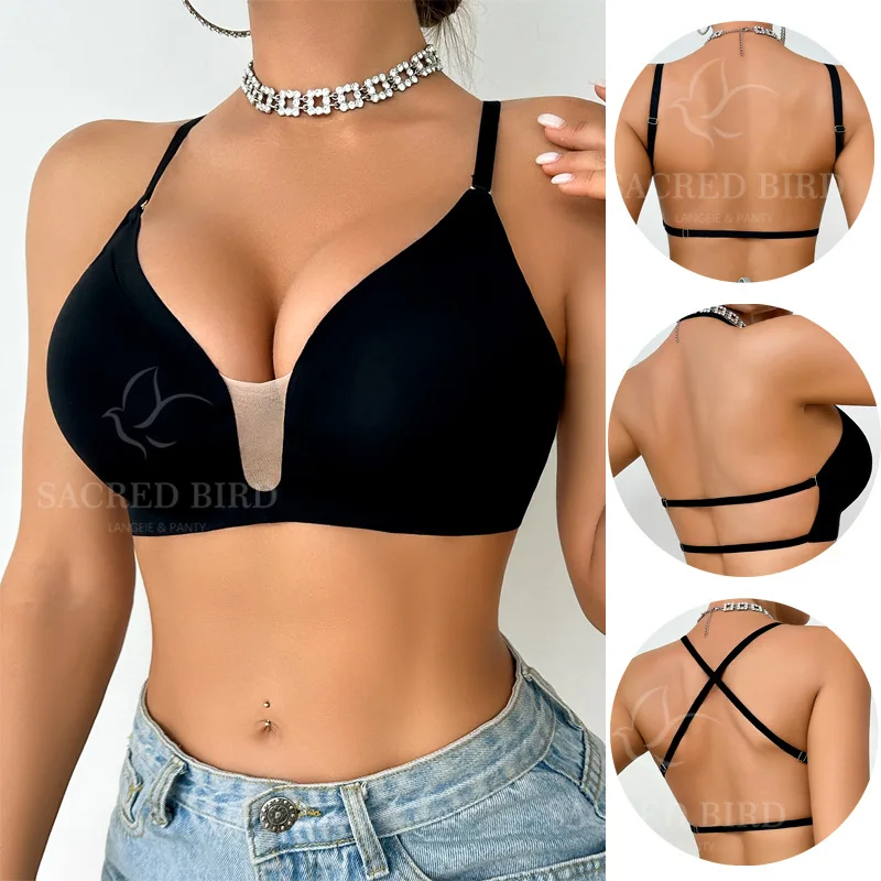 Ropa interior de mujer ligera sin costuras con empalme de malla con cuello en U profundo con hermosos estilos de espalda, múltiples métodos de uso, sin acero