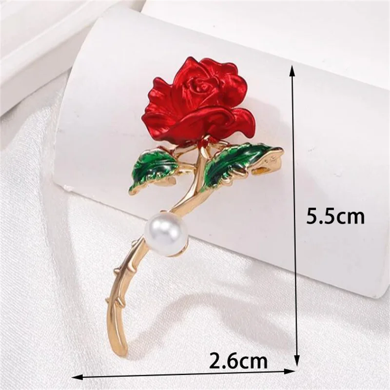 Elegant Temperament Red Rose Pearl Brooch Pins For Women Fashion Enamel Flower Corsage Wedding Party Jewelry Accessories Gift image 6