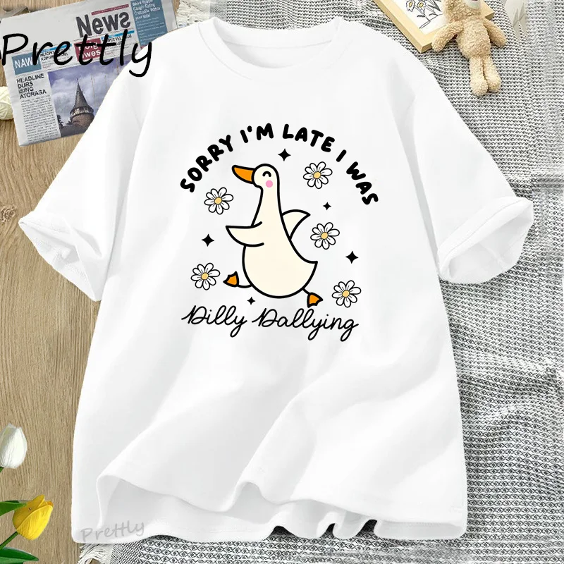 Sorry I'm Late I Was Dilly Dallying Goose T-Shirt Lustiges Gans-T-Shirt Grafik-T-Shirt Tier-Humor Niedliche Gans-T-Shirt Damenbekleidung