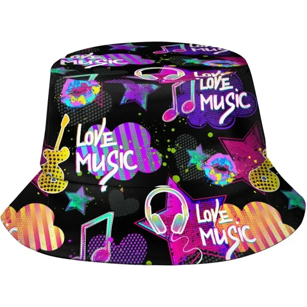 Cute Neon Music Fisherman Cap Hip Hop Gorras Unisex Printing Bucket Hat Outdoor Gardening Beach Camping Hiking Fishing Caps