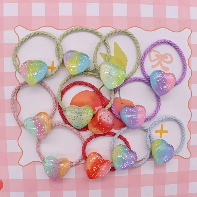 

12Pcs Heart Love Stitching Color Elastic Hair Band Children Hair Accessories Rubber Bands Headwear Hair Rope Decorations Ties