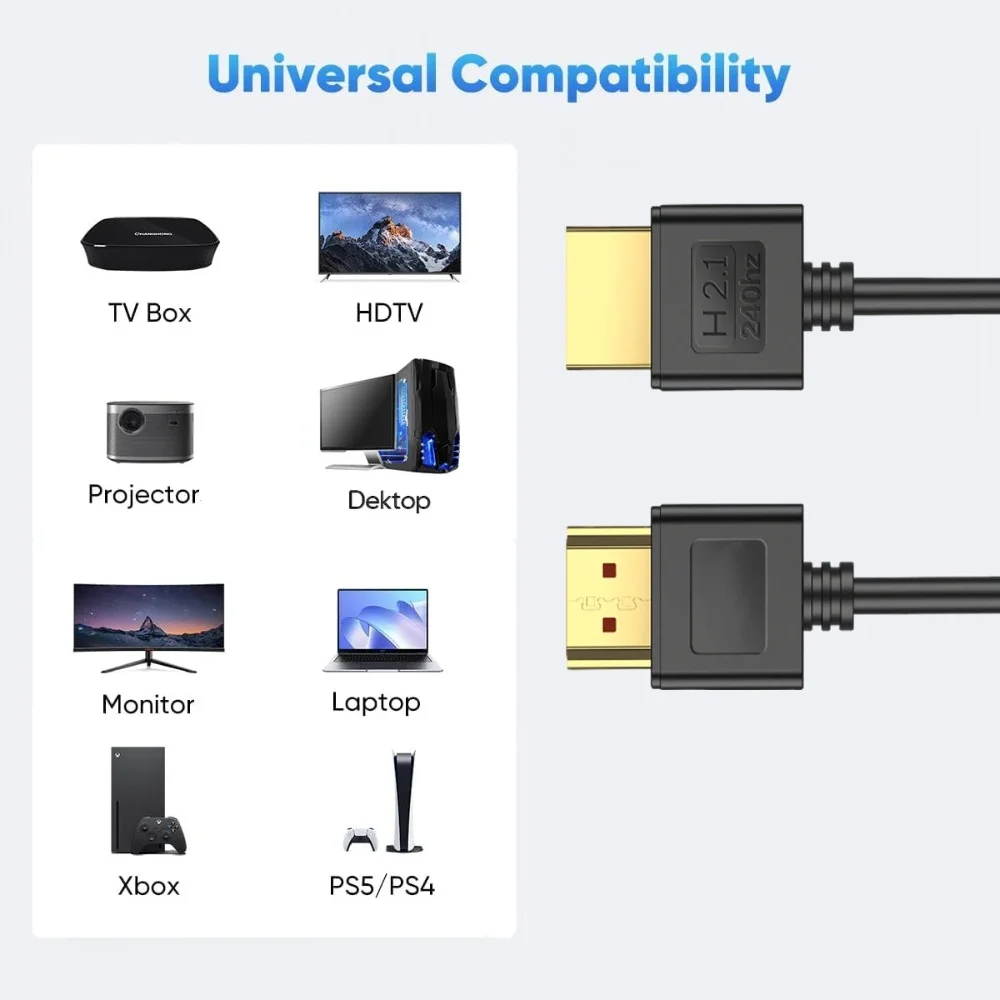 كابل HDMI 2.1 8K 48 جيجابت في الثانية 8K@60 هرتز/4K@240 هرتز HDCP HDR 90 °   Bend - سلك مرن رفيع للغاية لجهاز PS5/PC/شاشة الألعاب/HDTV/جهاز العرض