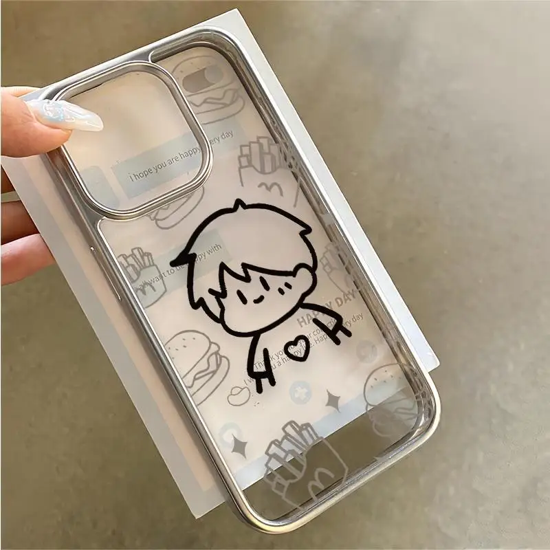 Hamburger and French Fries Boy Phone Case For iPhone 16 15 14 13 12 11 Pro Max XR X XS 14 15 7 8 Plus Y2K Kawaii Clear Cover