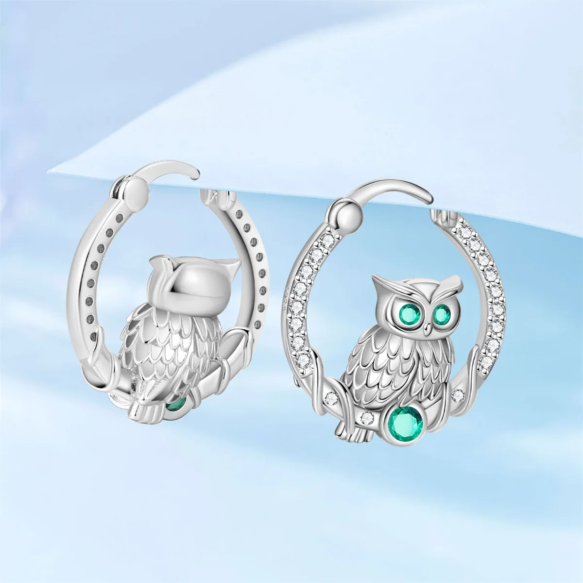 Funkelnde Grüne Augen Eule Ohrringe für Frauen 925 Sterling Silber Creolen Schmuck Abschluss Geburtstagsgeschenke für Mädchen