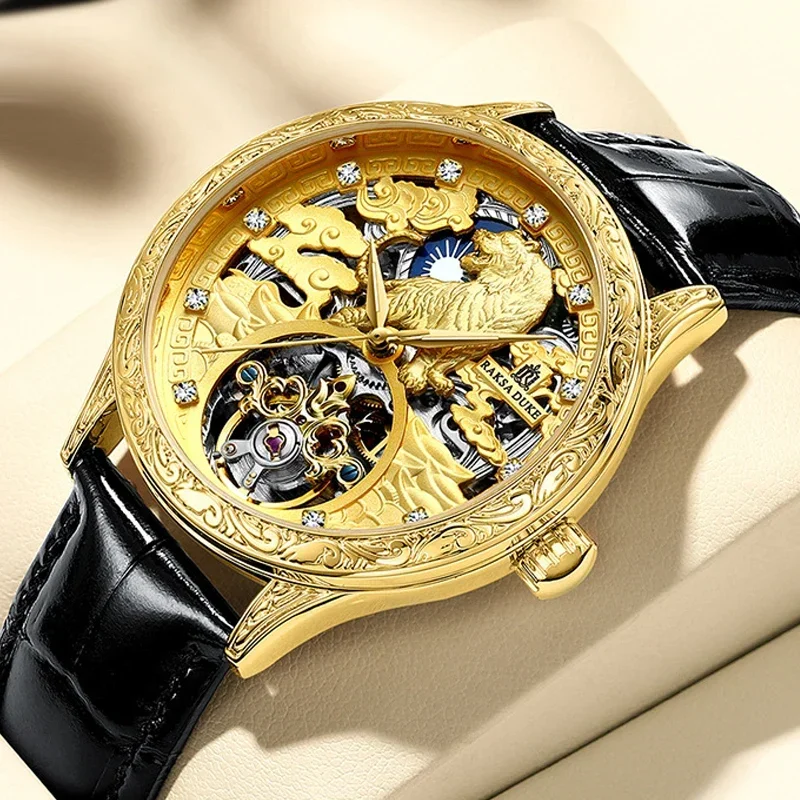 Retro 3D Engraved Tiger Dial Men's Mechanical Watch Tourbillon Skeleton Automatic Watches Men Bling Diamond Gold Reloj Hombre