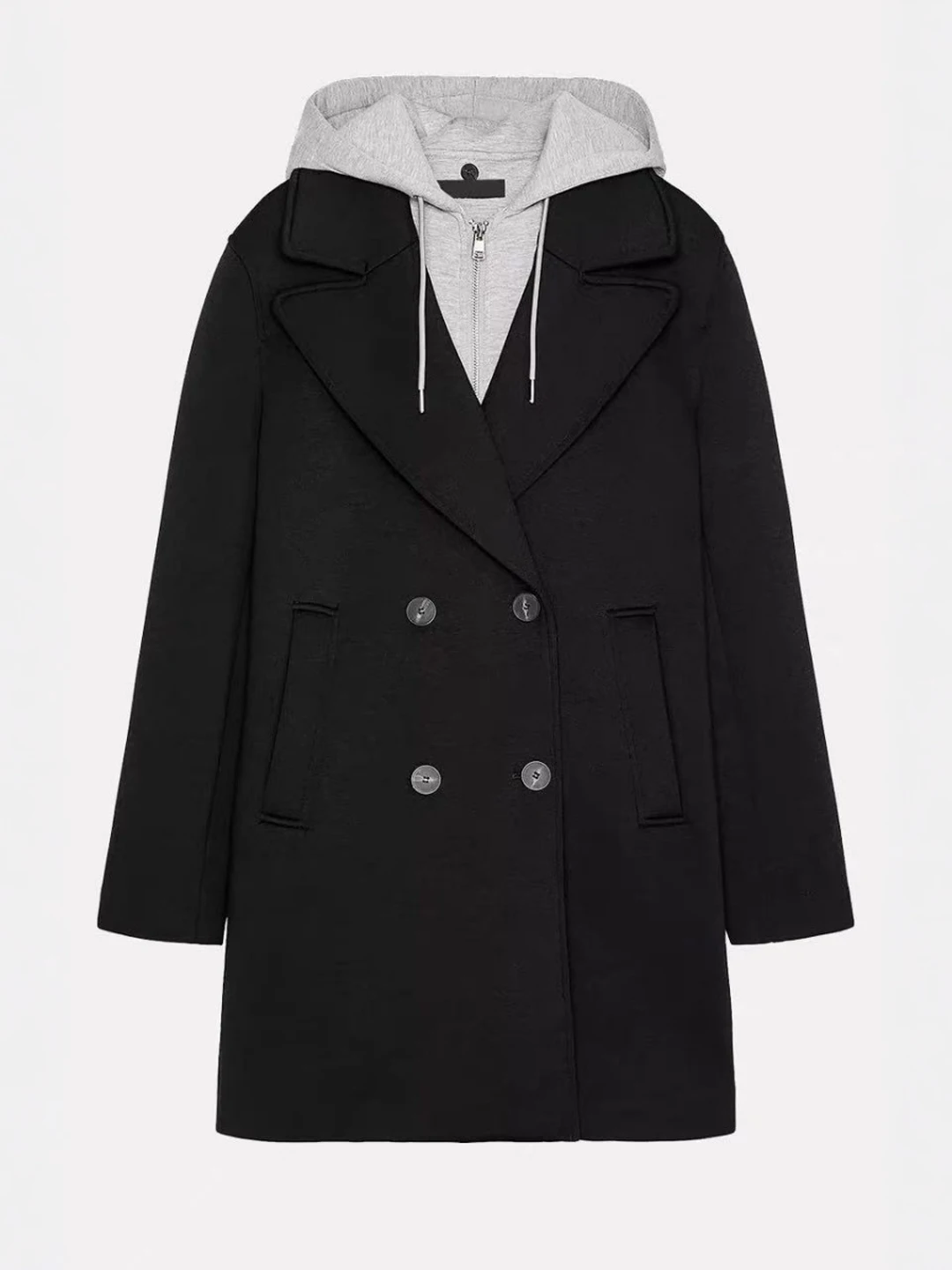 

Detachable Hoodie Style Jacket Women's Long Sleeve Mid-Length Double-Breasted Cotton Outerwear with Drawstring Splicing Design