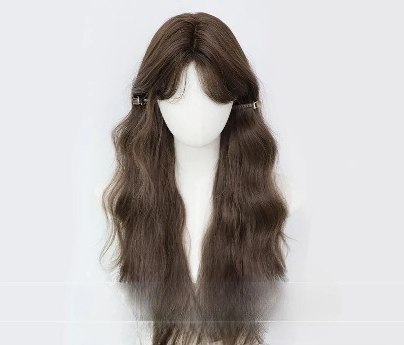 

Wig full head cover, summer female Korean lazy curl real hair simulation hair a few words bangs long curly hair wig cover