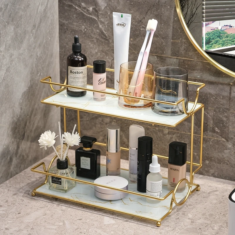

No-Drill Bathroom Shelf Double-Layer Large Capacity Cosmetic Storage Rack For Vanity/Shower/Countertop, Elegant Spa Gift For Her