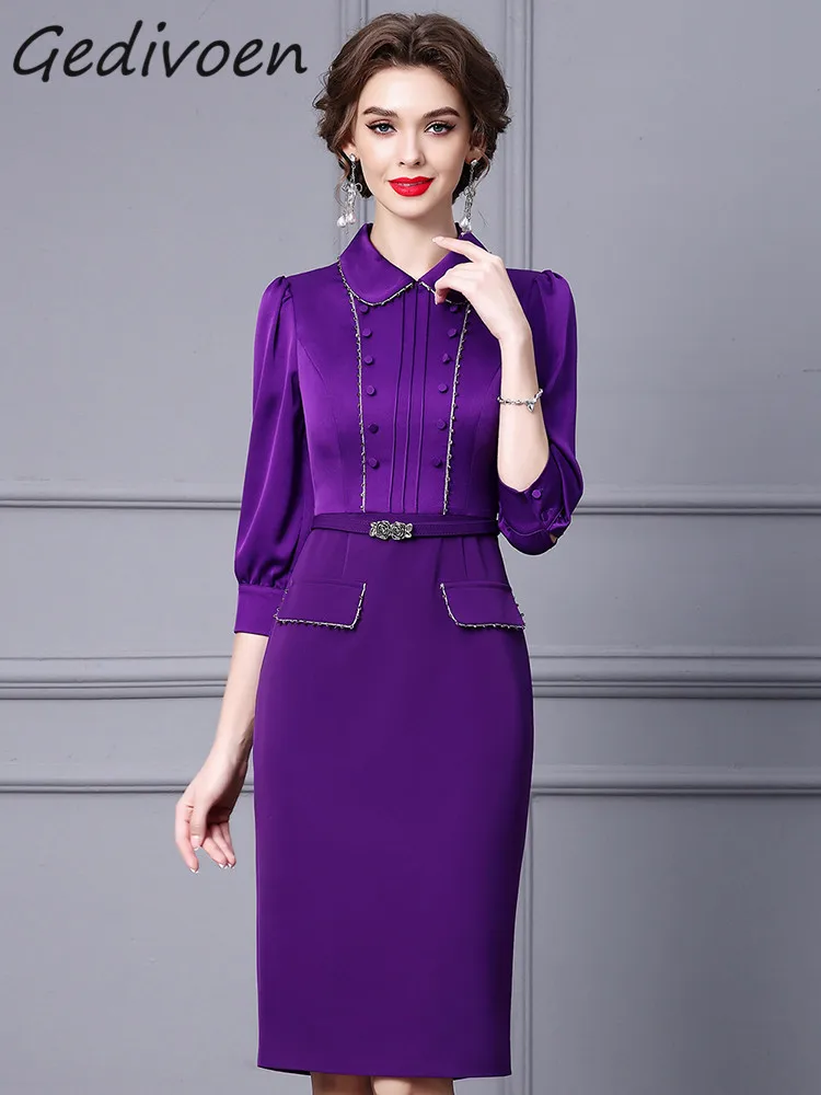 Gedivoen Autumn Fashion Designer Purple Vintage Party Dress Women\'s Lapel Beading Button Sashes Gathered Waist Slim Midi Dress