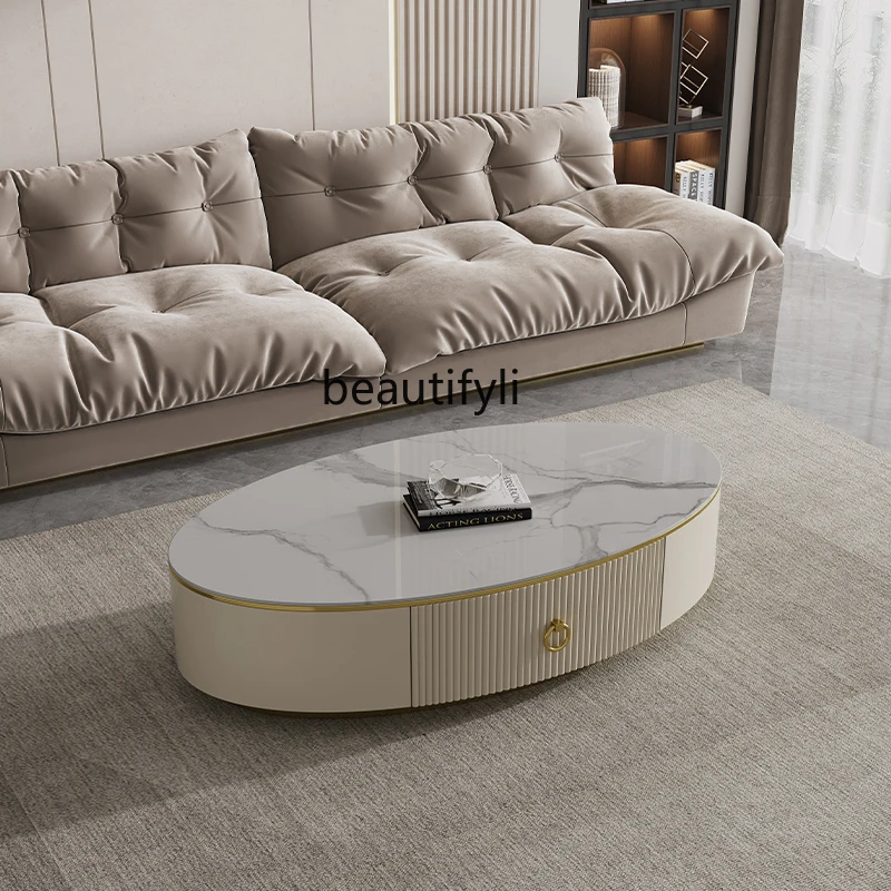 Oval Stone Plate Coffee Table Modern Simple Small Apartment Living Room Baking Finish Tea Table TV Cabinet Unit